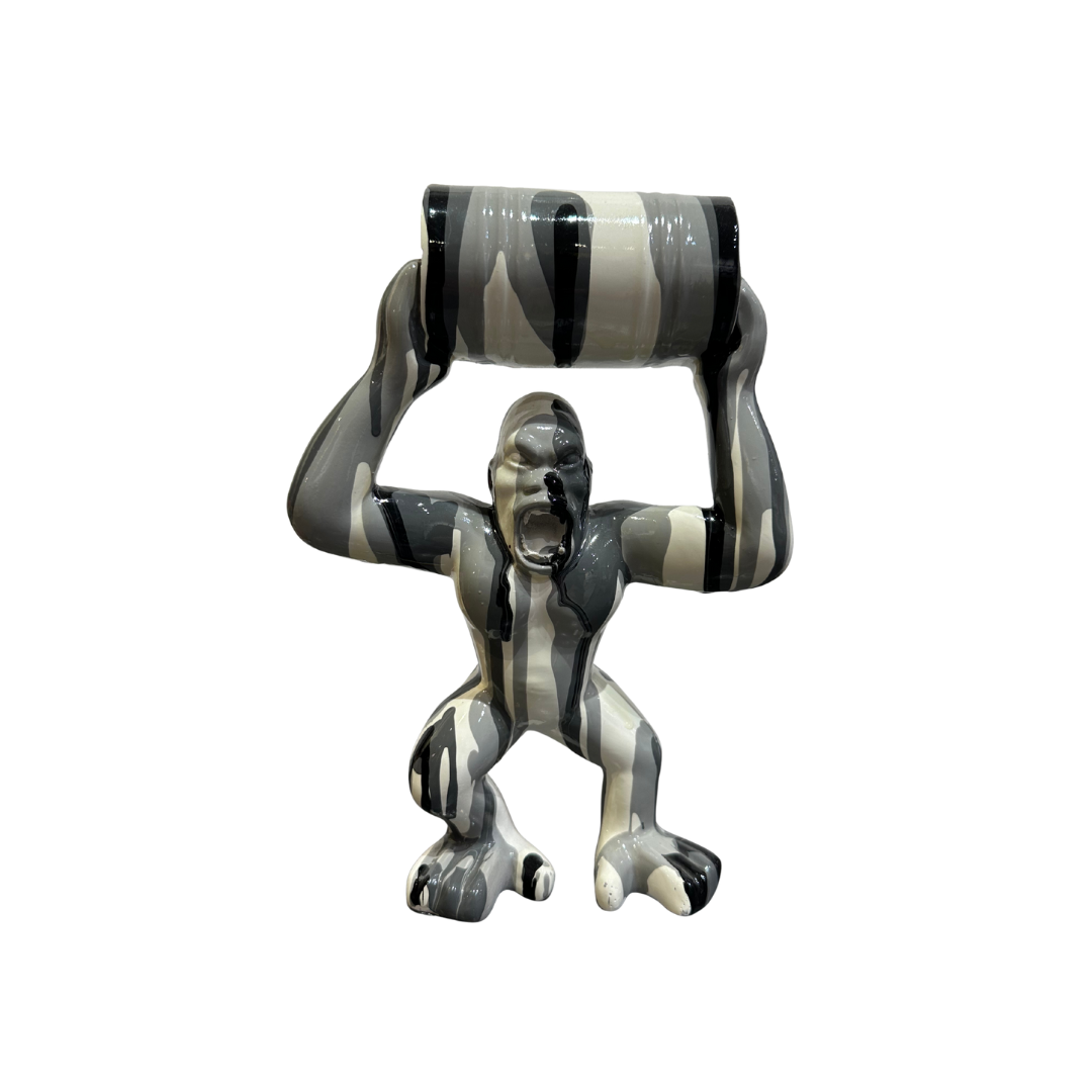 Statuette "Gorille avec Baril" | Motif Camouflage Gris