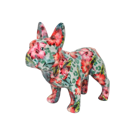 Tirelire "Bulldog Français Vert Motif Hibiscus Mintkiss"