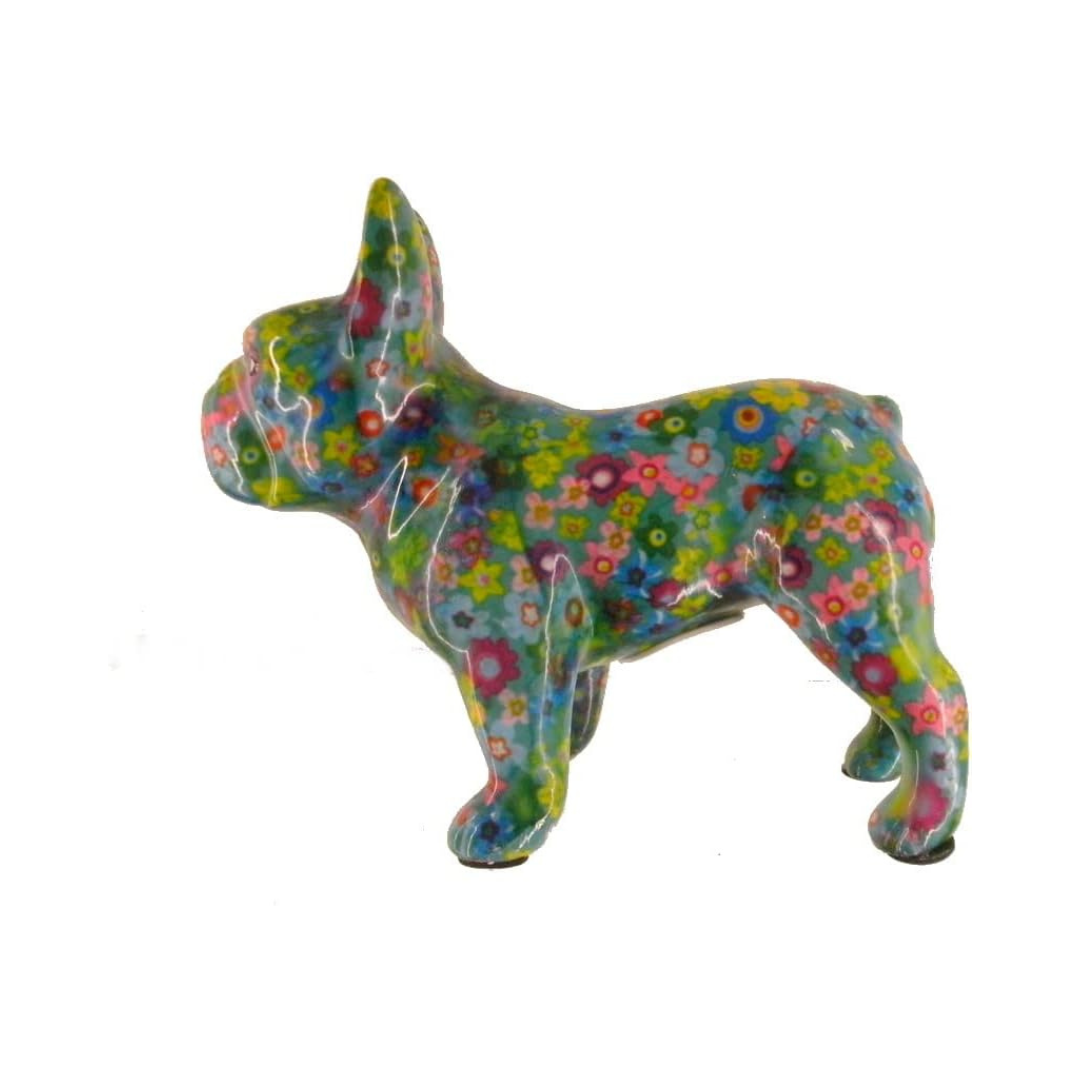 Tirelire "Bulldog Français Bleu Motifs Floraux"