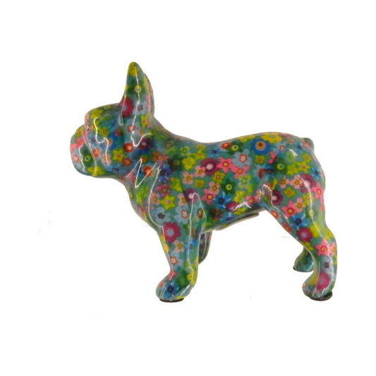 Tirelire "Bulldog Français Bleu Motifs Floraux"