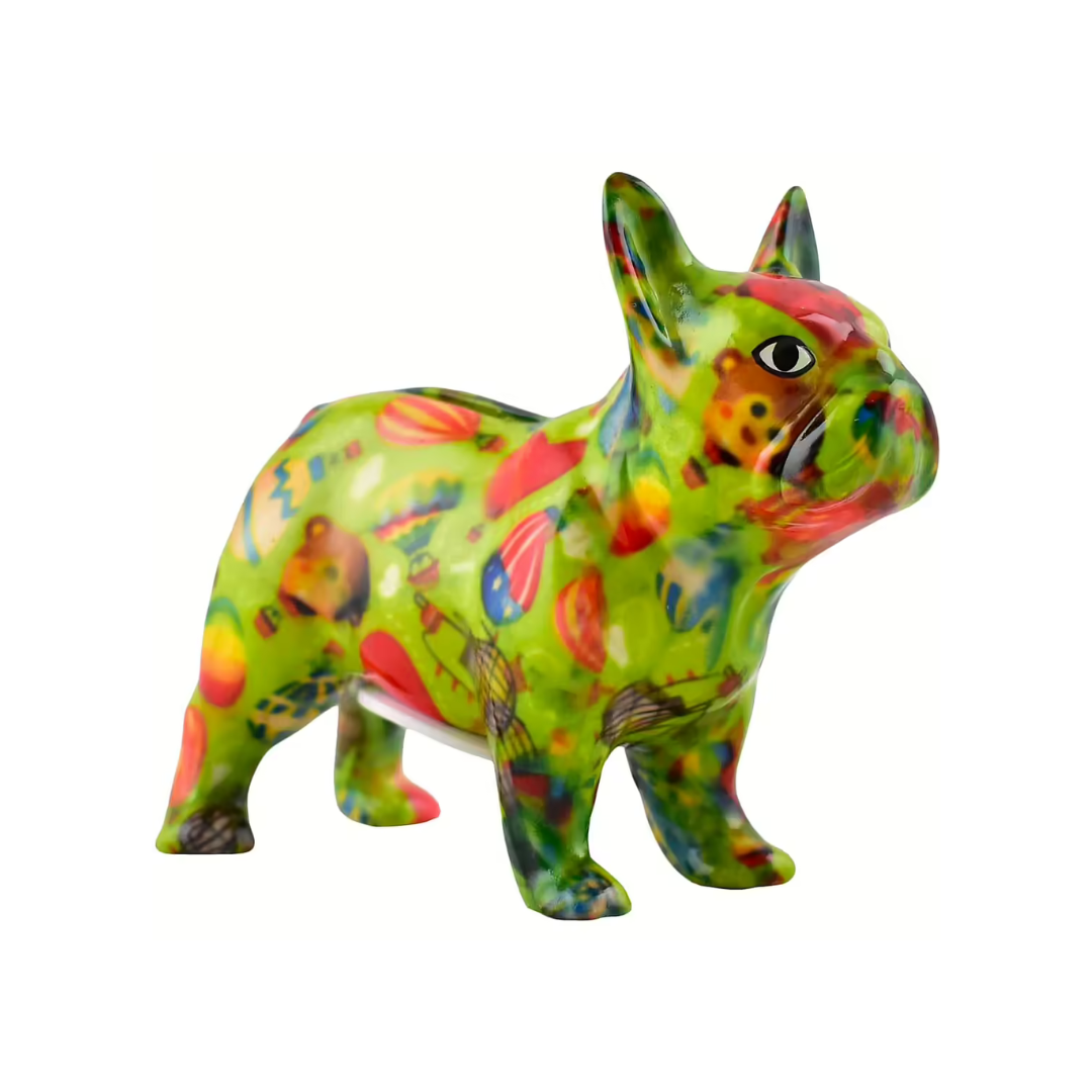 Tirelire "Bulldog Français Vert Motifs Montgolfières" (Petite Taille)